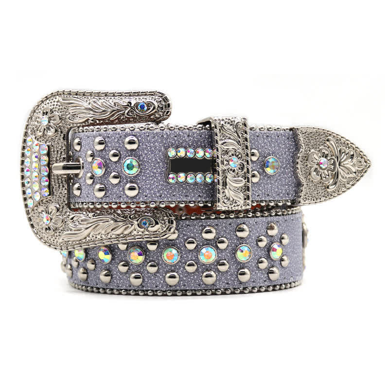 Ceinture en cuir avec boucle sculptée en forme de fleur et rivets en strass