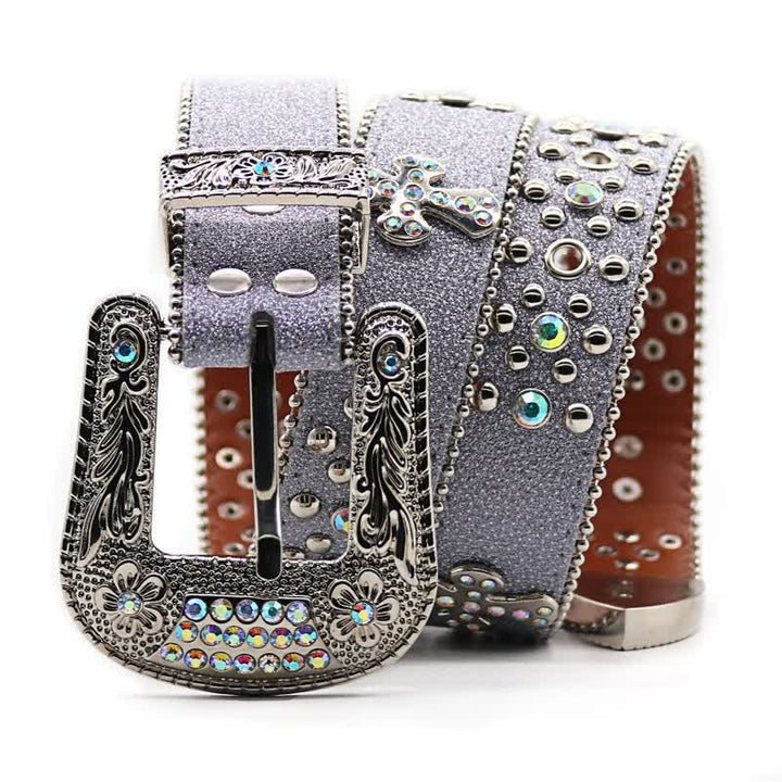 Ceinture en cuir avec boucle sculptée en forme de fleur et rivets en strass