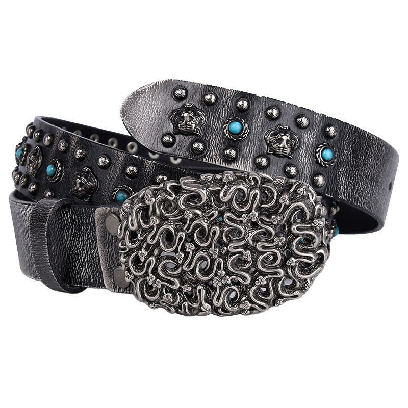 Ceinture en cuir à rivets et fausses pierres turquoises avec tête de tigre