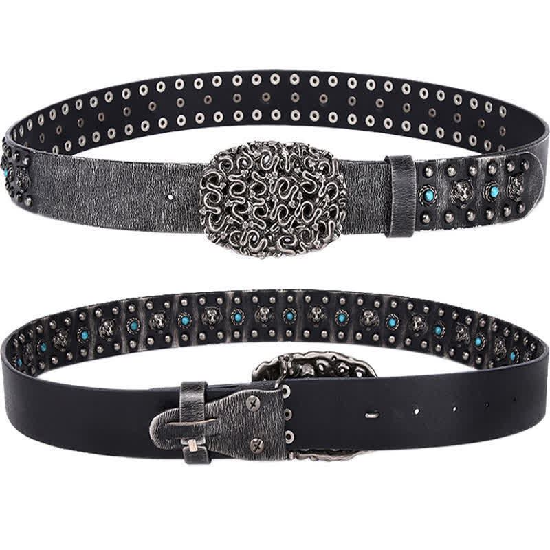 Ceinture en cuir à rivets et fausses pierres turquoises avec tête de tigre