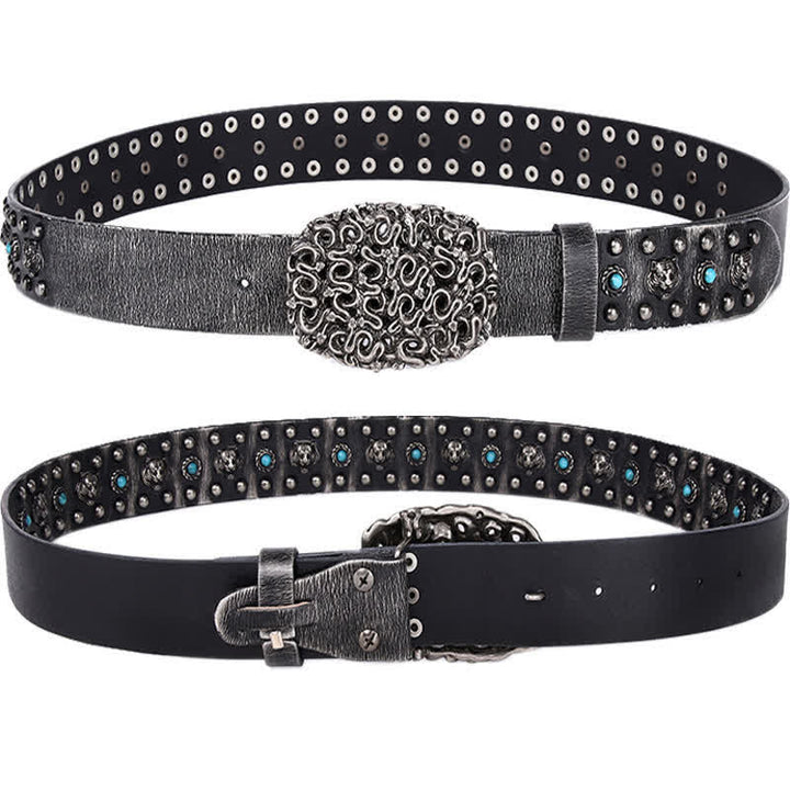 Ceinture en cuir à rivets et fausses pierres turquoises avec tête de tigre