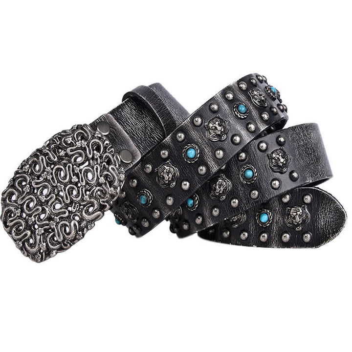 Ceinture en cuir à rivets et fausses pierres turquoises avec tête de tigre