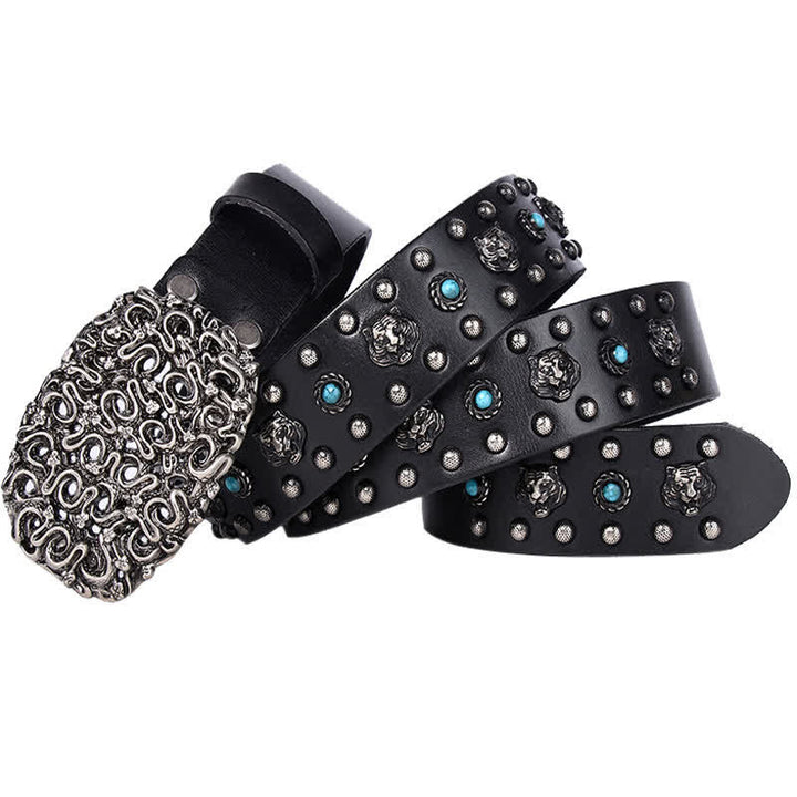 Ceinture en cuir à rivets et fausses pierres turquoises avec tête de tigre