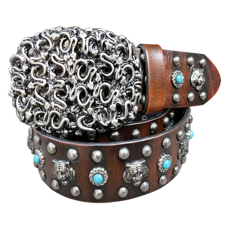 Ceinture en cuir à rivets et fausses pierres turquoises avec tête de tigre