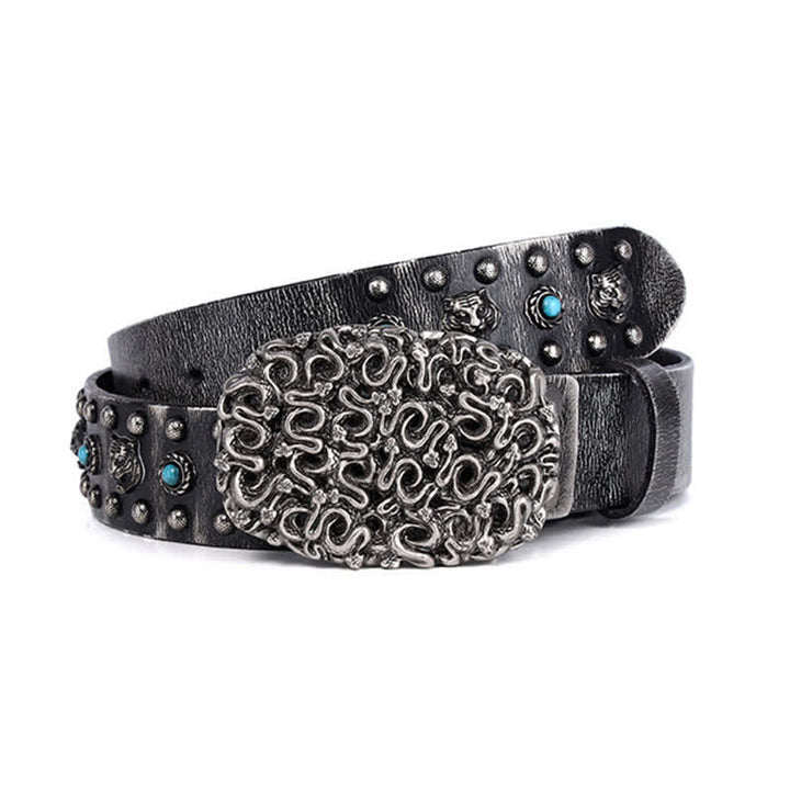Ceinture en cuir à rivets et fausses pierres turquoises avec tête de tigre