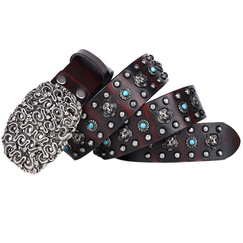 Ceinture en cuir à rivets et fausses pierres turquoises avec tête de tigre
