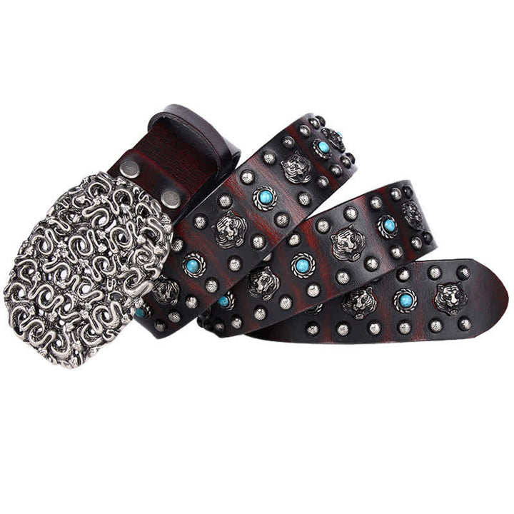 Ceinture en cuir à rivets et fausses pierres turquoises avec tête de tigre
