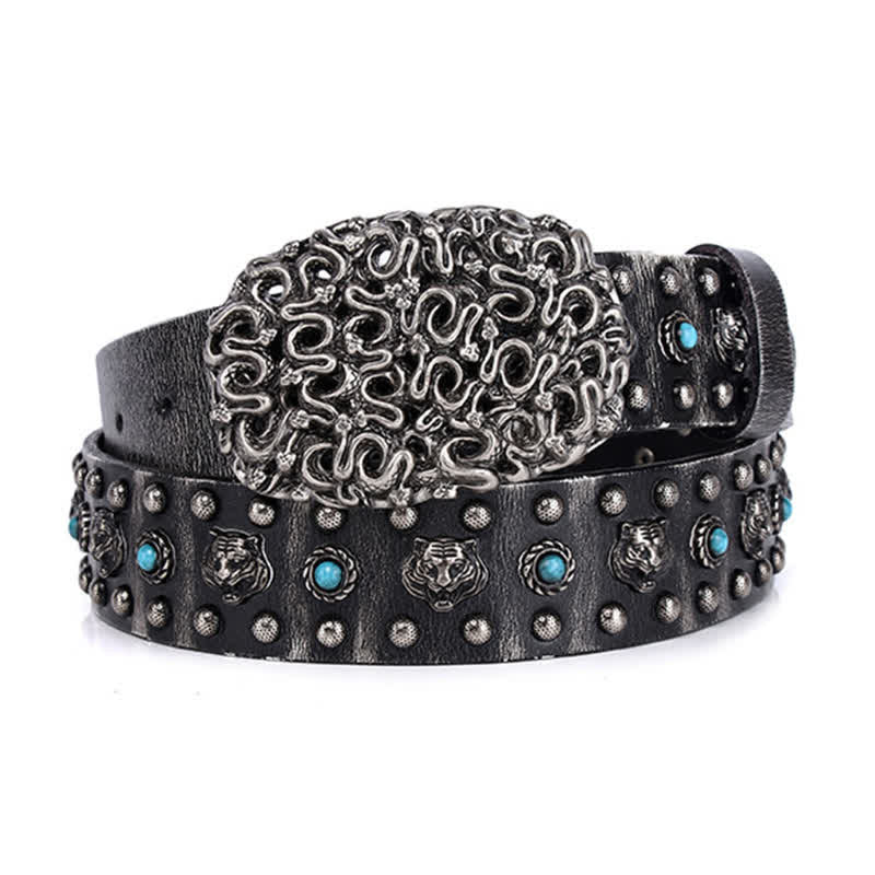 Ceinture en cuir à rivets et fausses pierres turquoises avec tête de tigre