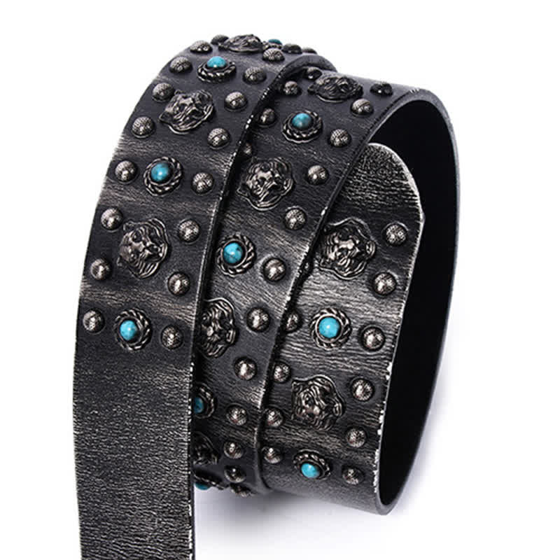 Ceinture en cuir à rivets et fausses pierres turquoises avec tête de tigre