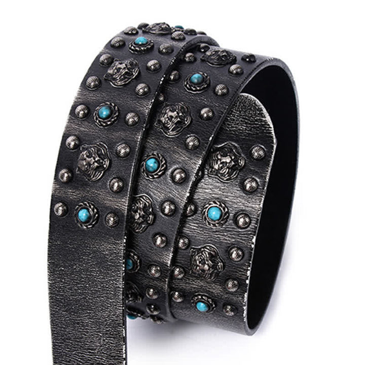Ceinture en cuir à rivets et fausses pierres turquoises avec tête de tigre