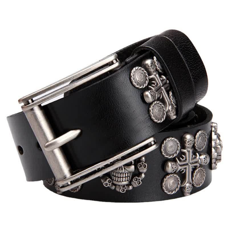 Ceinture en cuir à motif tête de mort et croix avec rivets en métal lourd