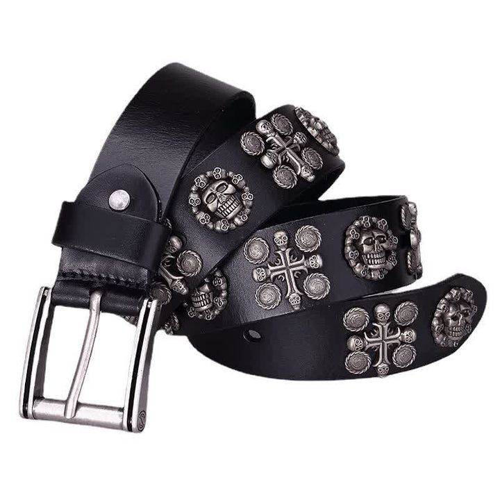 Ceinture en cuir à motif tête de mort et croix avec rivets en métal lourd