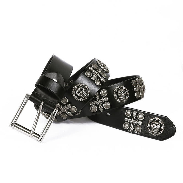 Ceinture en cuir à motif tête de mort et croix avec rivets en métal lourd