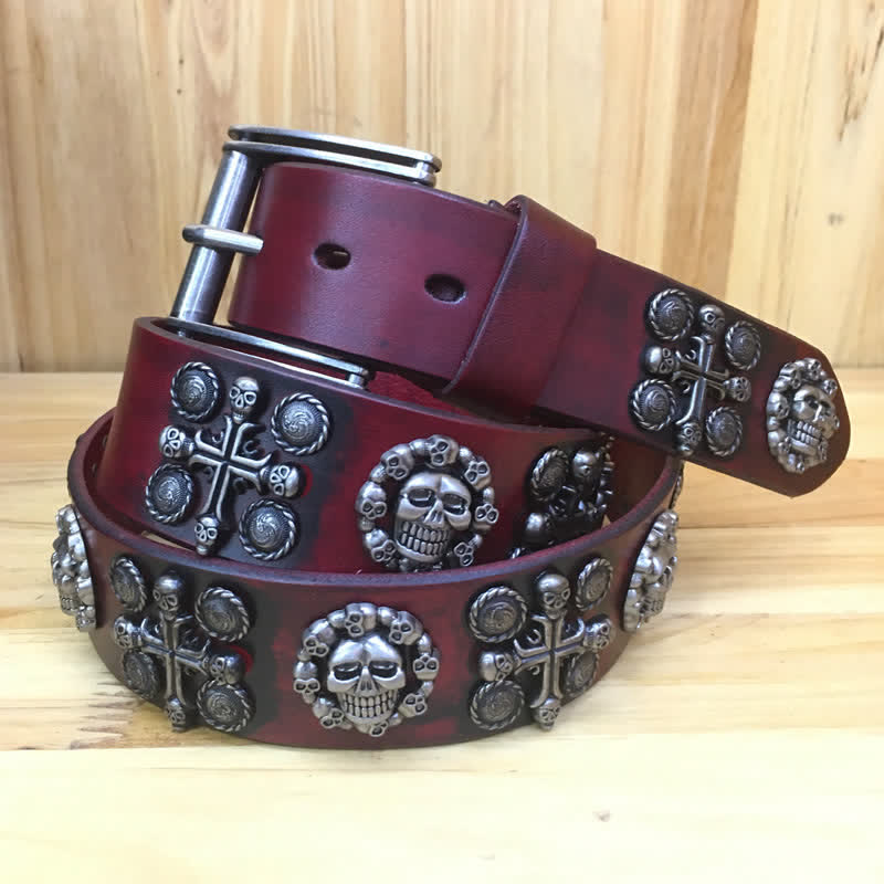 Ceinture en cuir à motif tête de mort et croix avec rivets en métal lourd
