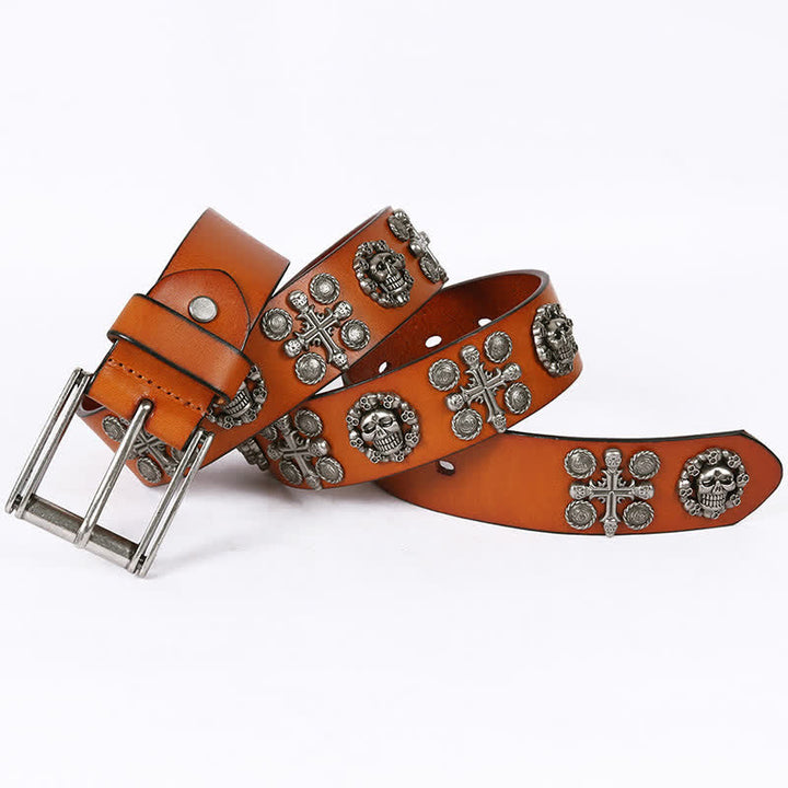 Ceinture en cuir à motif tête de mort et croix avec rivets en métal lourd