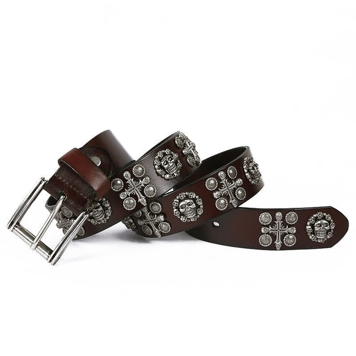 Ceinture en cuir à motif tête de mort et croix avec rivets en métal lourd