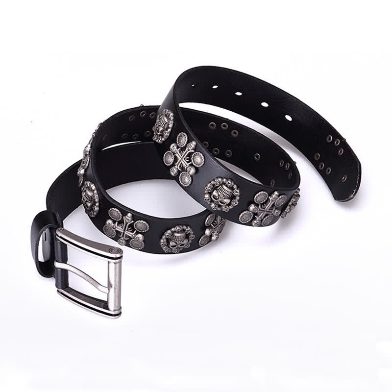 Ceinture en cuir à motif tête de mort et croix avec rivets en métal lourd