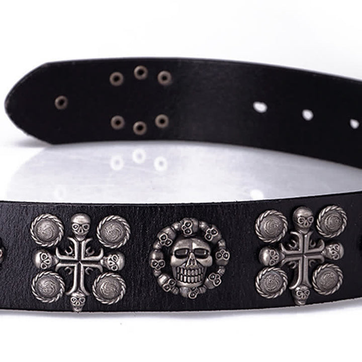 Ceinture en cuir à motif tête de mort et croix avec rivets en métal lourd