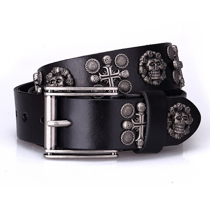 Ceinture en cuir à motif tête de mort et croix avec rivets en métal lourd