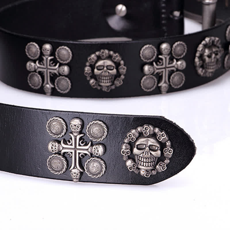 Ceinture en cuir à motif tête de mort et croix avec rivets en métal lourd