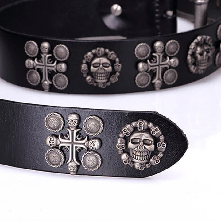 Ceinture en cuir à motif tête de mort et croix avec rivets en métal lourd
