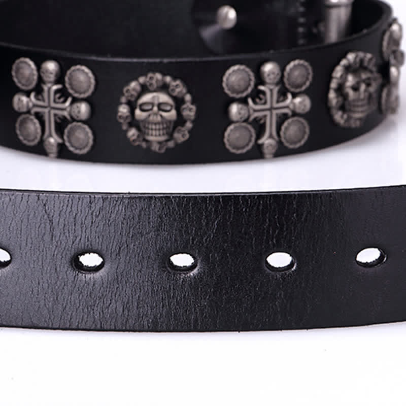 Ceinture en cuir à motif tête de mort et croix avec rivets en métal lourd