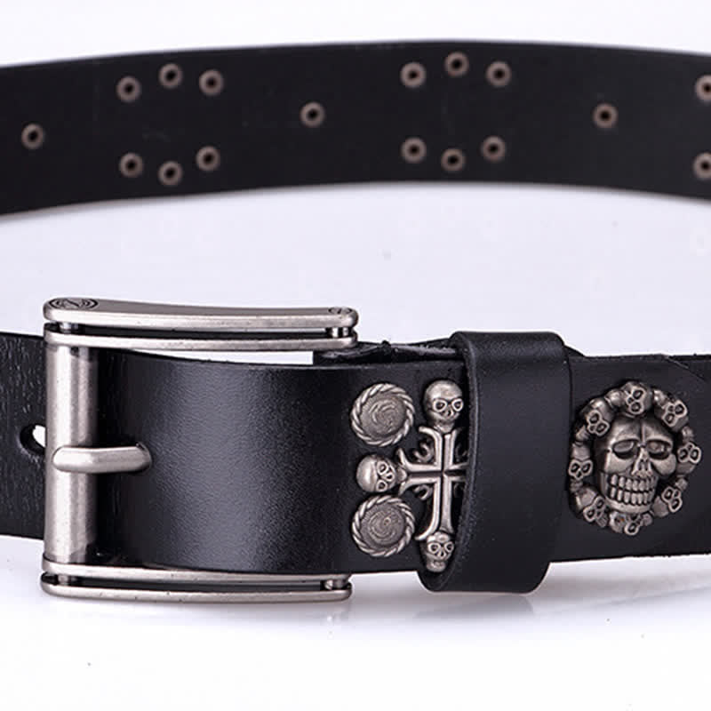 Ceinture en cuir à motif tête de mort et croix avec rivets en métal lourd
