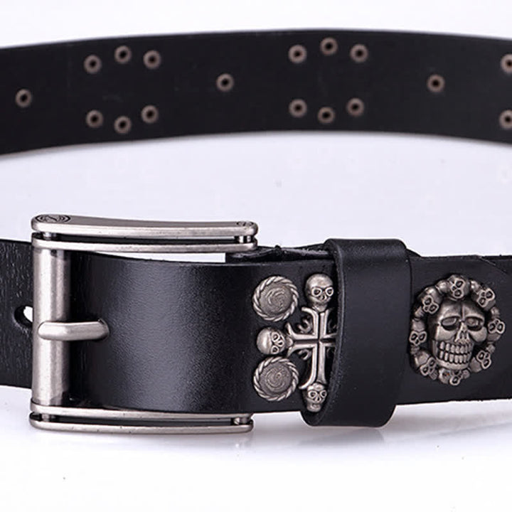 Ceinture en cuir à motif tête de mort et croix avec rivets en métal lourd