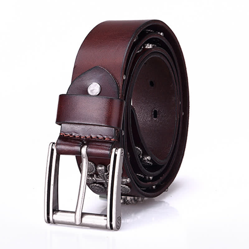 Ceinture en cuir à motif tête de mort et croix avec rivets en métal lourd