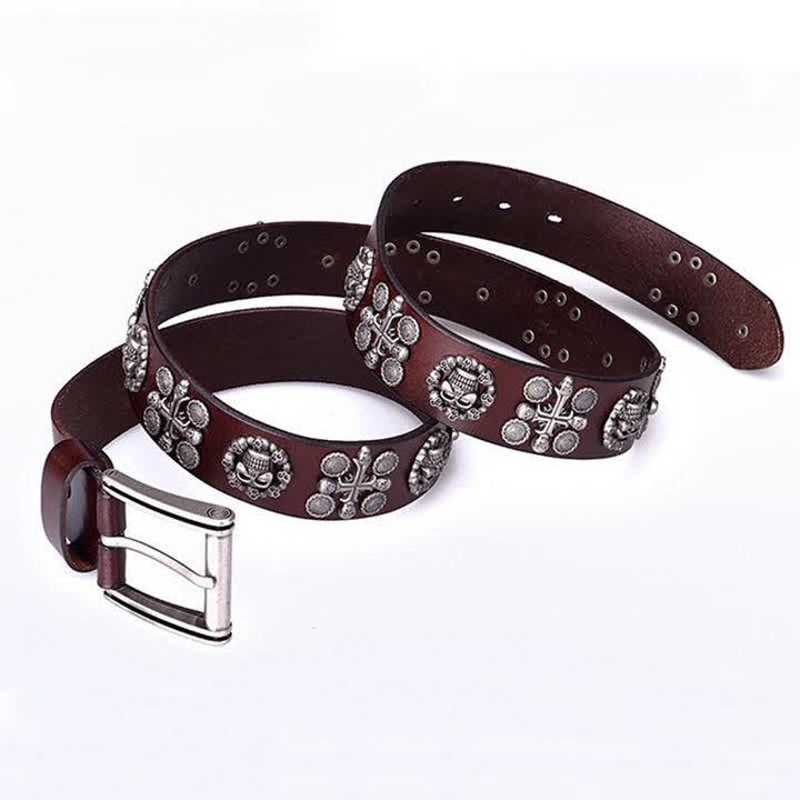 Ceinture en cuir à motif tête de mort et croix avec rivets en métal lourd