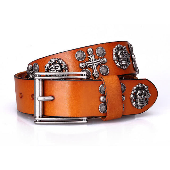 Ceinture en cuir à motif tête de mort et croix avec rivets en métal lourd