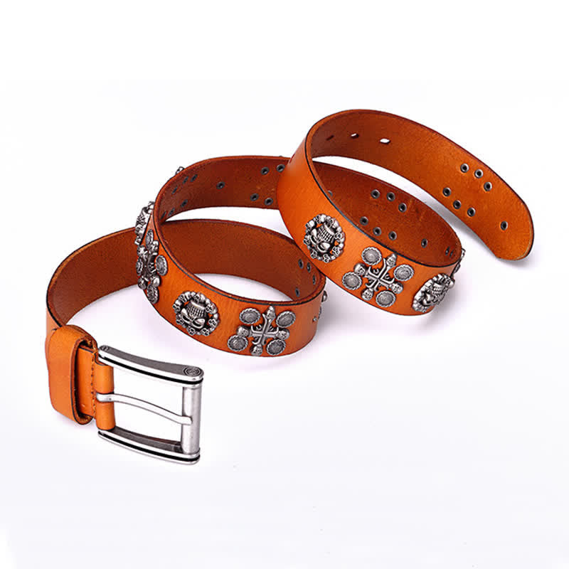 Ceinture en cuir à motif tête de mort et croix avec rivets en métal lourd