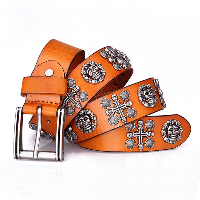 Ceinture en cuir à motif tête de mort et croix avec rivets en métal lourd