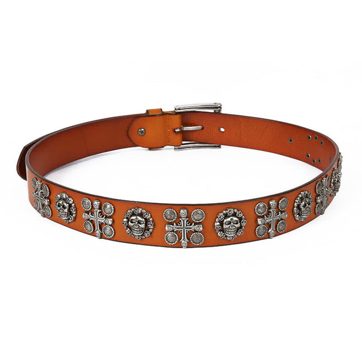Ceinture en cuir à motif tête de mort et croix avec rivets en métal lourd