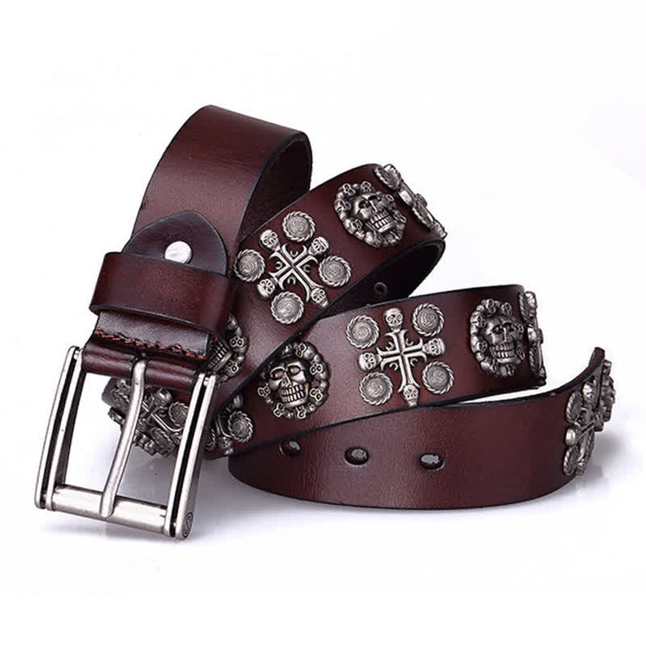 Ceinture en cuir à motif tête de mort et croix avec rivets en métal lourd