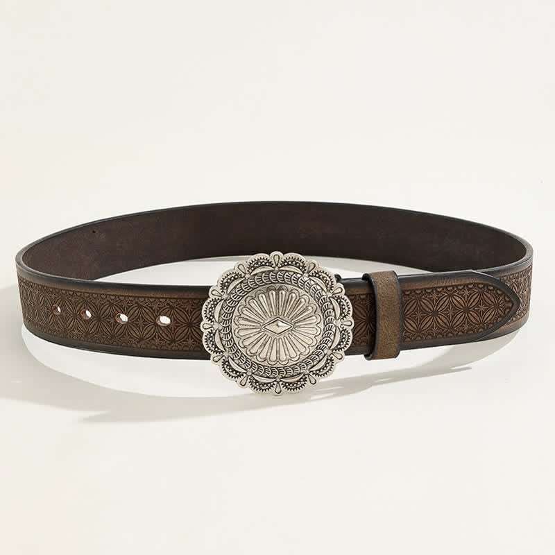 Ceinture en cuir gaufré avec boucle concho sculptée de style occidental