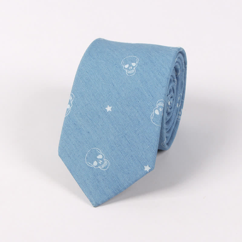 Cravate en coton à imprimé tête de mort et arête de poisson bleue de style britannique pour homme - Crâne bleu clair - image 1