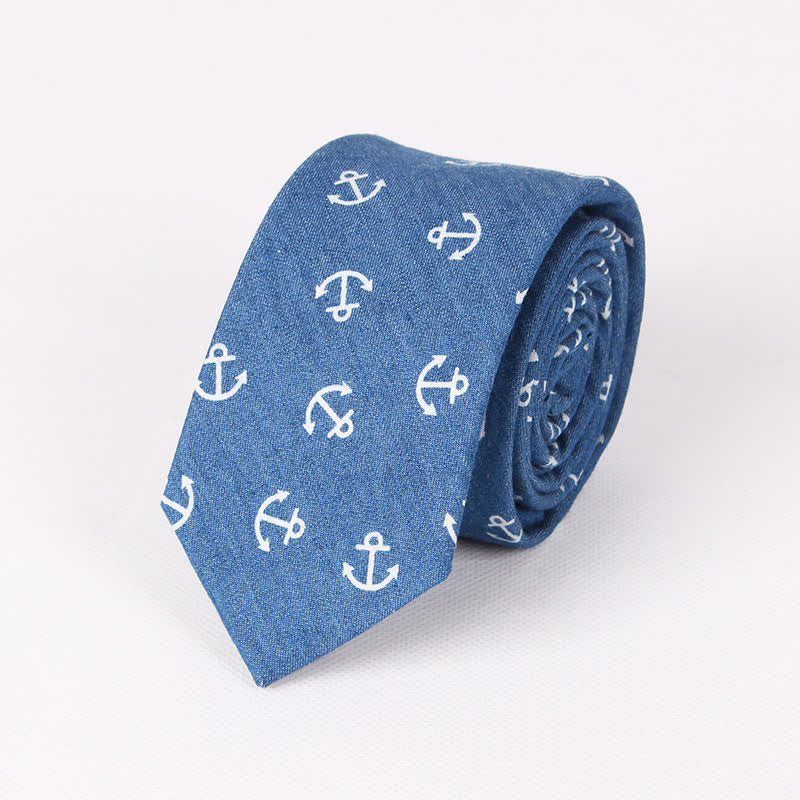 Cravate en coton à imprimé tête de mort et arête de poisson bleue de style britannique pour homme - Ancre bleue - image 8