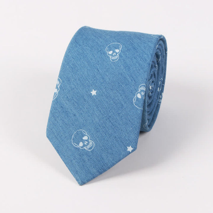 Cravate en coton à imprimé tête de mort et arête de poisson bleue de style britannique pour homme - Crâne bleu - image 3