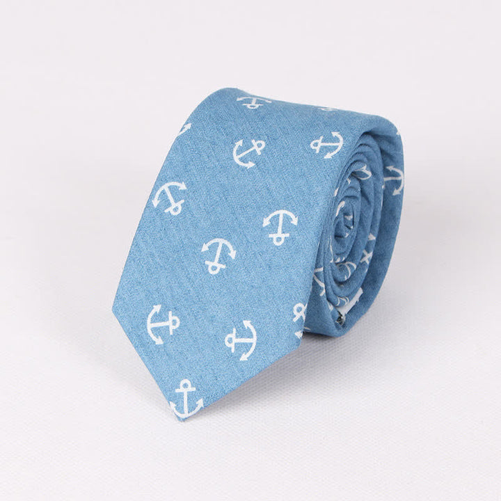Cravate en coton à imprimé tête de mort et arête de poisson bleue de style britannique pour homme - Ancre bleu clair - image 7