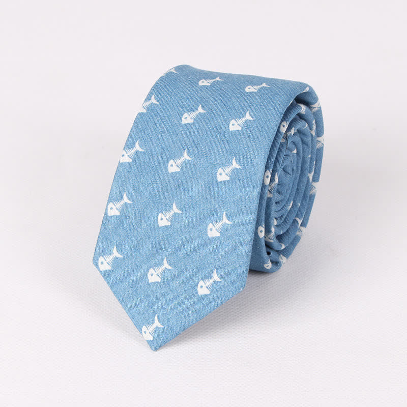 Cravate en coton à imprimé tête de mort et arête de poisson bleue de style britannique pour homme - Arête de poisson bleu clair - image 9