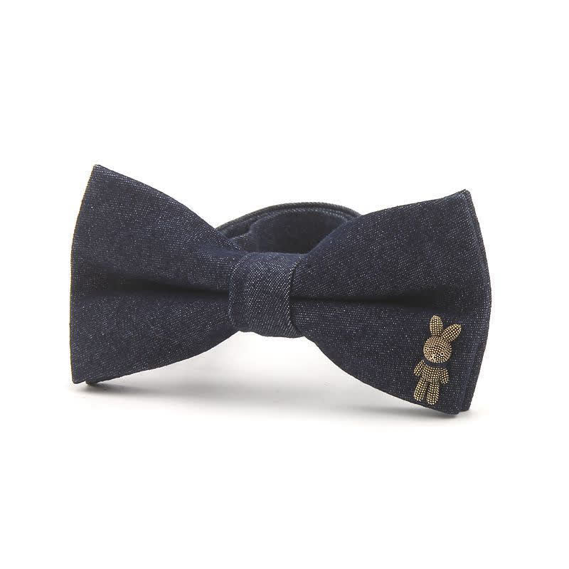 Nœud papillon en coton denim bleu marine foncé à décors métalliques pour homme