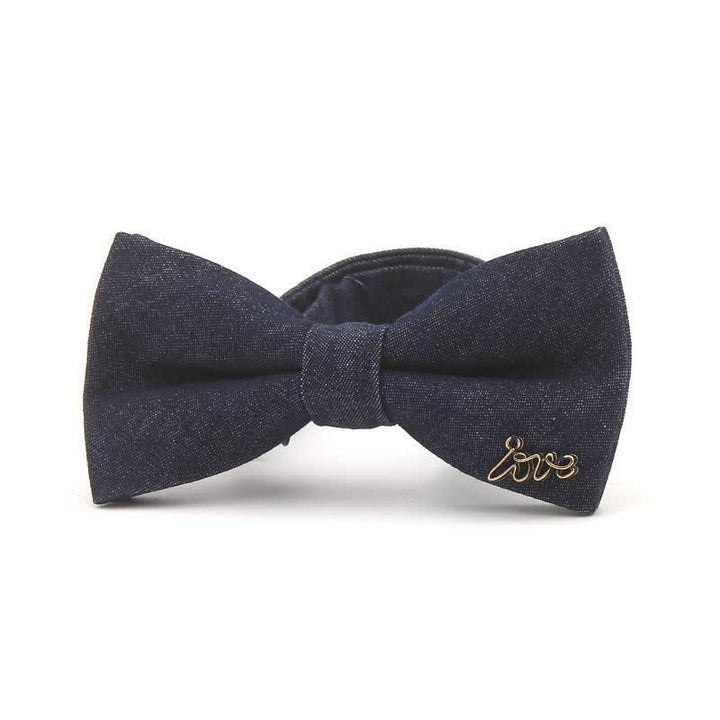 Nœud papillon en coton denim bleu marine foncé à décors métalliques pour homme