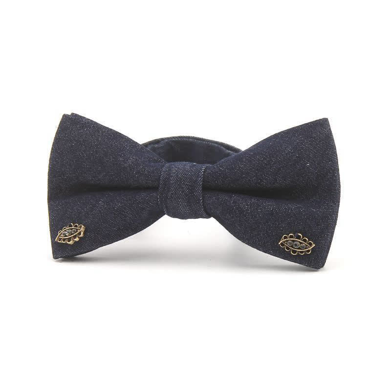 Nœud papillon en coton denim bleu marine foncé à décors métalliques pour homme