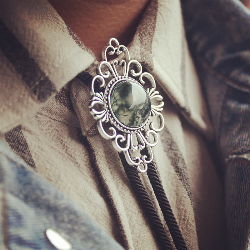 Cravate Bolo Pendentif Médaillon en Pierre d'Art Unique