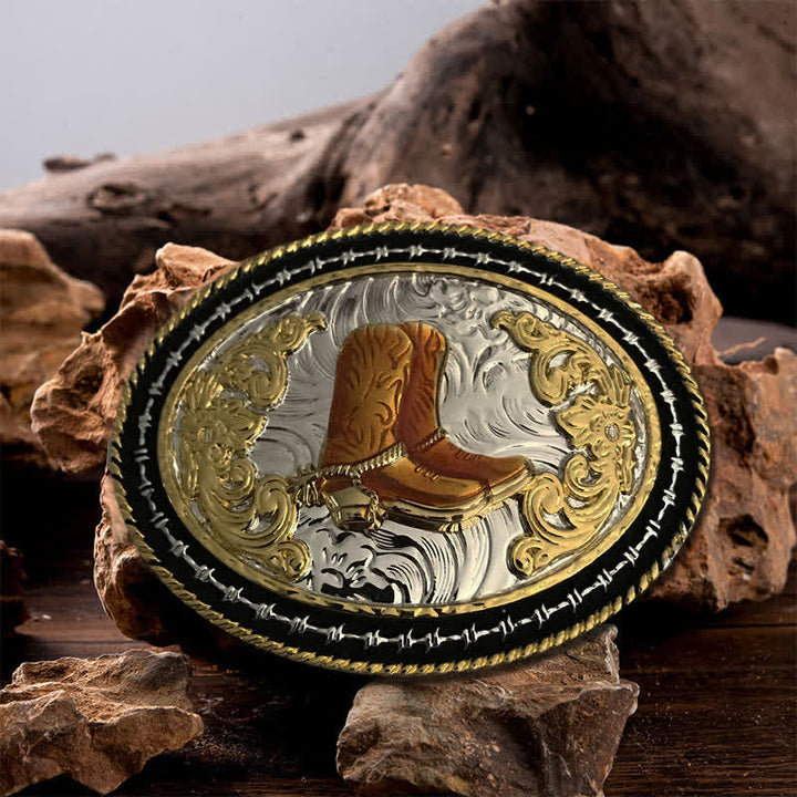 Ceinture en cuir à boucle ovale dorée pour homme avec motif cowboy western