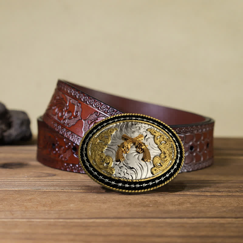Ceinture en cuir à boucle ovale dorée pour homme avec motif cowboy western