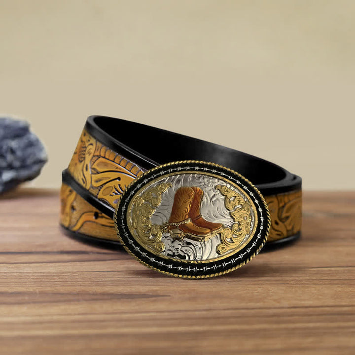 Ceinture en cuir à boucle ovale dorée pour homme avec motif cowboy western