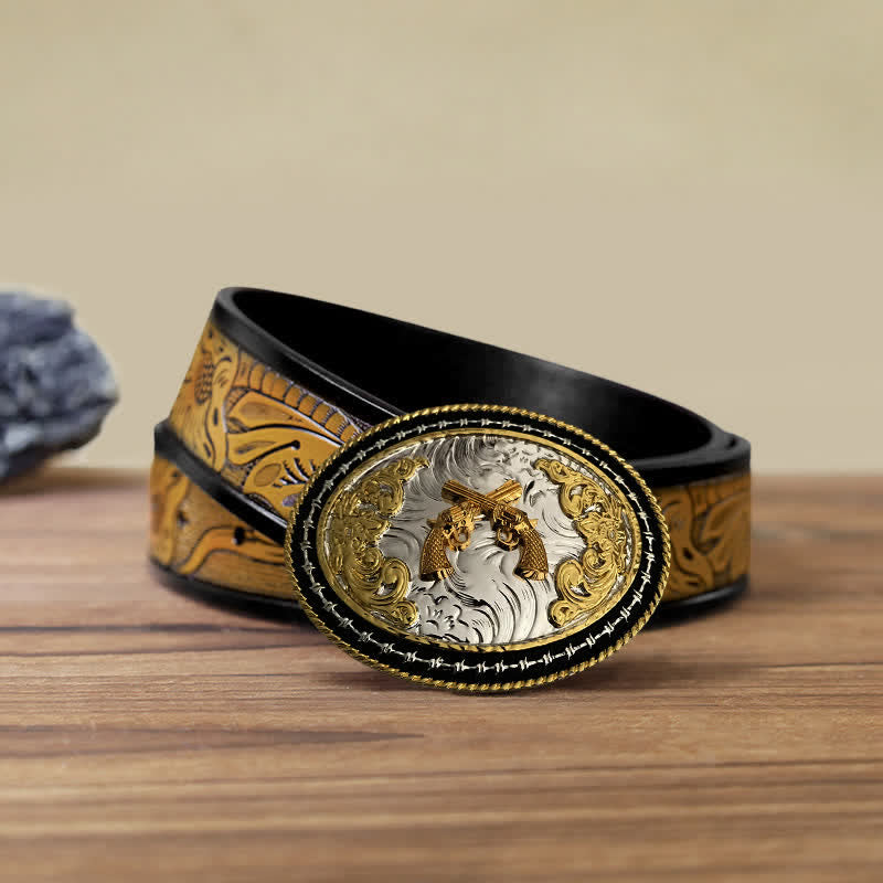 Ceinture en cuir à boucle ovale dorée pour homme avec motif cowboy western