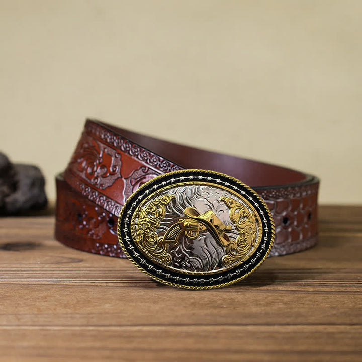 Ceinture en cuir à boucle ovale dorée pour homme avec motif cowboy western